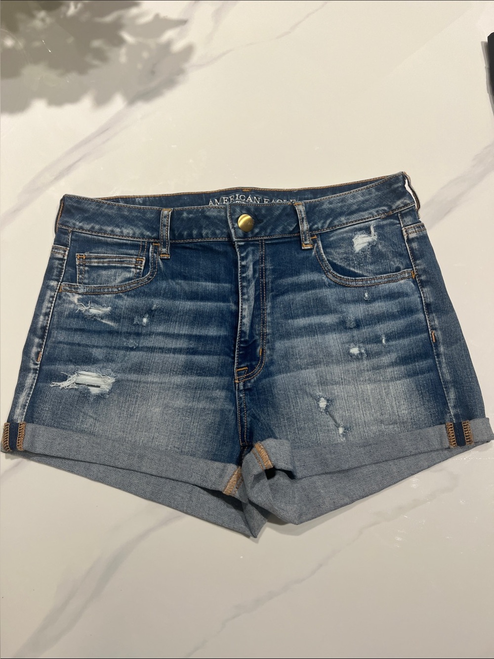 American Eagle Outfitters Women's Rolled Hem Distressed Denim Shorts - Dark Blue